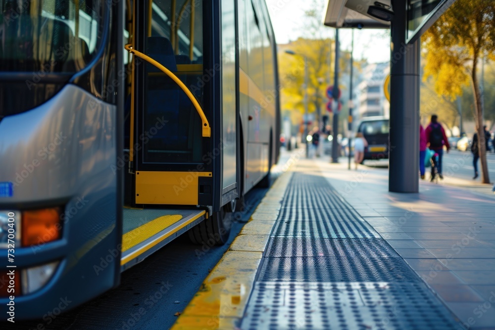 Public transport bus with a deployed accessibility ramp at a bus stop, highlighting urban mobility and inclusive transportation solutions.