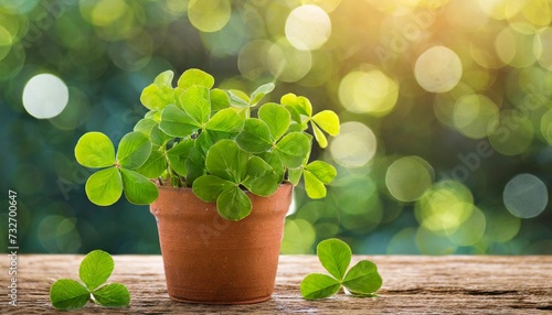 green clover plant in pot on wooden table with bokeh light background