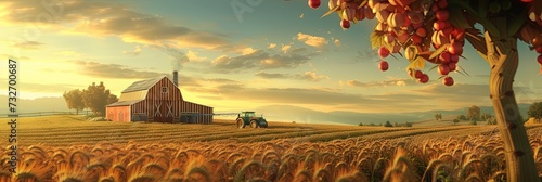 Commercial farm with crops and barn outside farmhouse concept