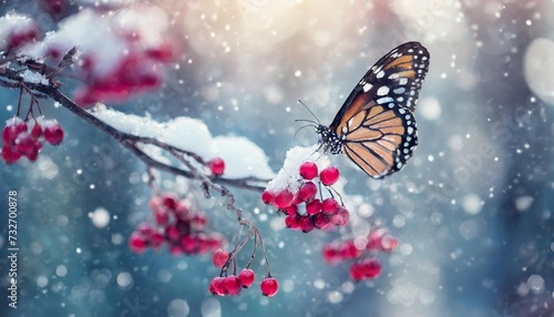 winter magic forest tale fragile tender butterfly and pink berries in a snowy forest winter and autumn concept soft focus square format © Alexander