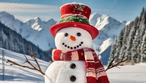 snowman wearing red pot as a hat scarf and gloves isolated © Alexander