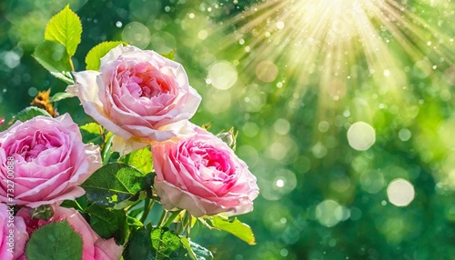 mysterious fairy tale spring floral banner with fabulous blooming pink rose flowers in summer garden on blurred green sunny bright shiny glowing background with shining light bokeh and copy space
