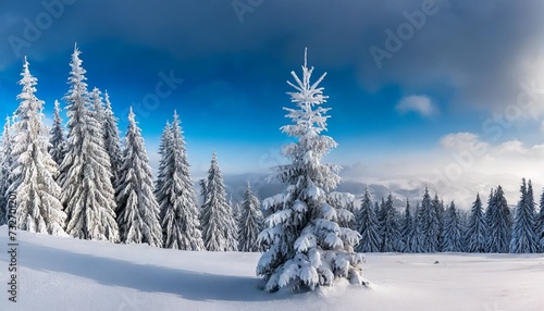 panorama of spruce tree forest covered by fresh snow during winter christmas time the winter scene is almost duotone due to contrast between the frosty spruce trees white snow foreground and sky