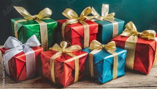 a collection of red green blue and gold gift wrapped christmas birthday or valentines presents with ribbon bows isolated against a transparent background © Alexander