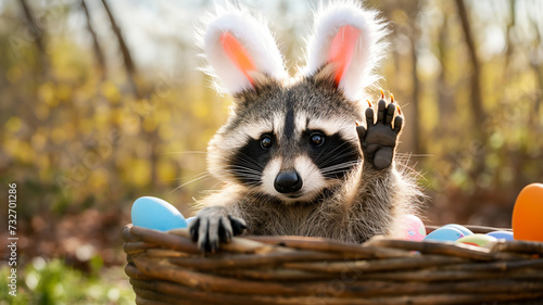 funny raccoon easter bunny with ears and eggs sitting in nest photo