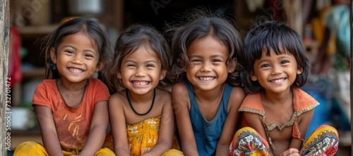 Happy faces of Indonesian children who continue to go to school despite dire economic conditions. Childhood in poor countries photo