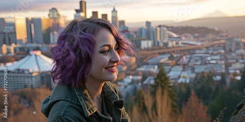 Young woman with colorful purple hair exploring Portland, Oregon with city in the background © Brian