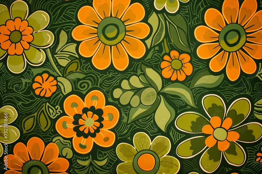 Green pattern with bright flowers in the style of the 60s.