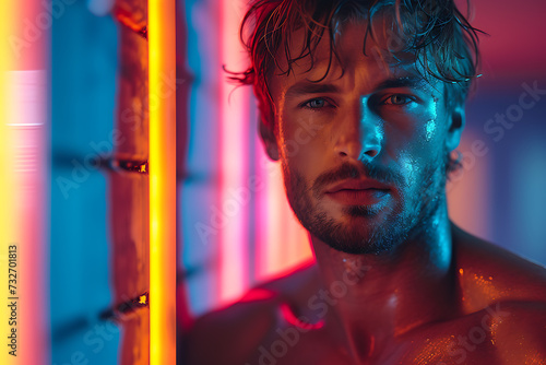 A striking portrait of a handsome and sexy man against a vibrant neon background, exuding confidence and allure.