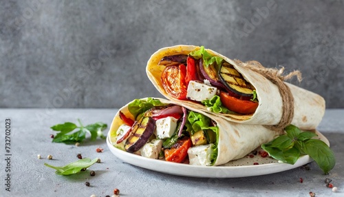 wrap sandwich with grilled vegetables and feta cheese on a plate grey background copy space