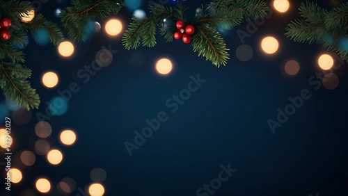 Festive Christmas Garland and Twinkling Lights Against a Dark Blue Background