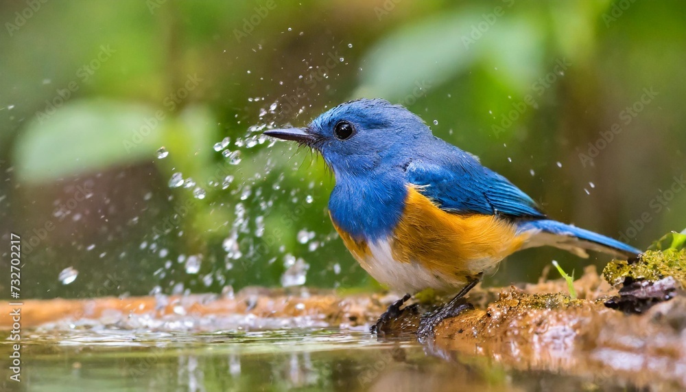 beautiful blue bird tickell s blue flycatcher taking a shower in a puddle of water