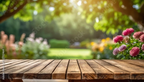 empty sturdy wooden table summer time blurred backyard garden background
