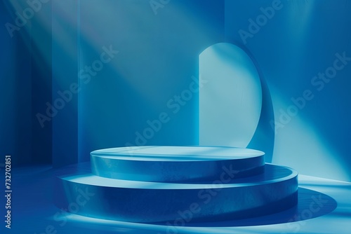 illustration of an empty podium scene for a product presentation with blue dramatic light. photo