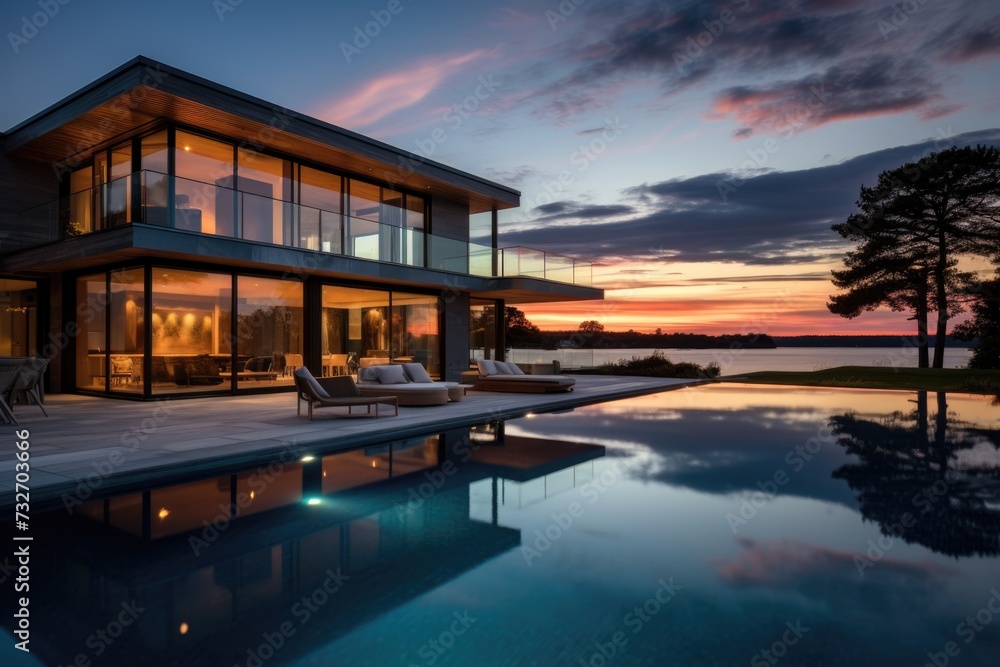 Panorama of a modern home with pool at sunset