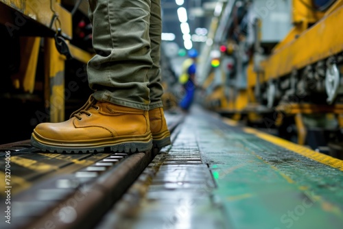 Worker with safety boots in an industrial environment