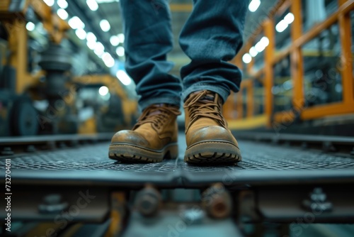 Worker with safety boots in an industrial environment