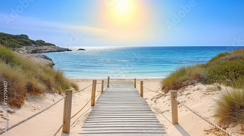 Wooden path at idealistic landscape over sand dunes with ocean view  sunset summer