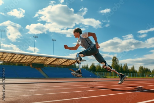 A young athlete with a prosthetic leg sprinting on a track field under a clear blue sky.