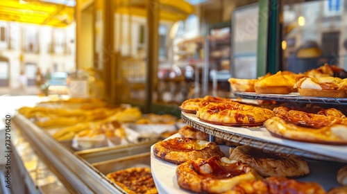 Traditional portuguese dessert. Bakery shop window display.