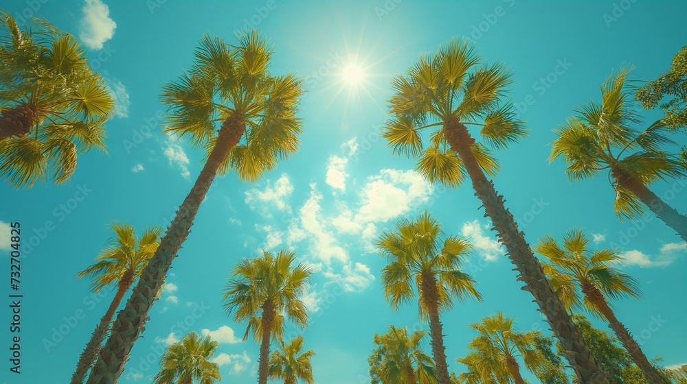 tropical green palm trees against a blue sky with glare of the sun tropical green palm trees against a blue sky with glare of the sun