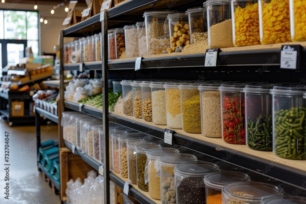 Bulk bins with various grains, pasta, and legumes in a zero waste grocery store.