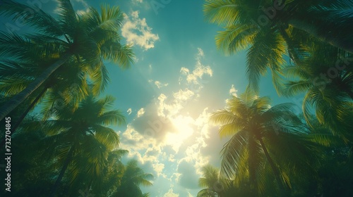 Palm trees against blue sky, Palm trees at tropical coast, vintage toned and stylized, coconut tree,summer tree