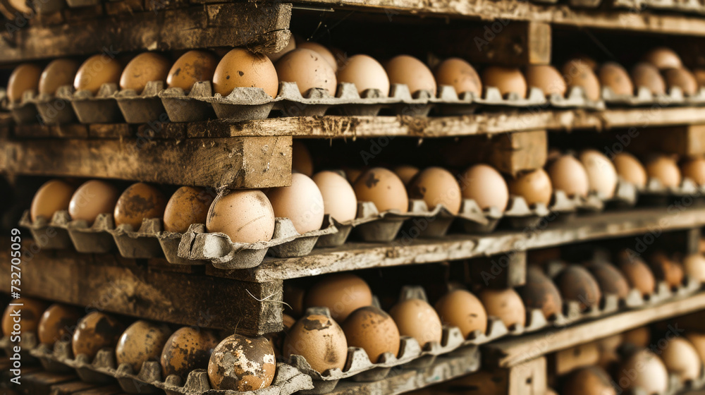 Organized Stacks of Brown Egg Cartons Filled with Fresh Eggs