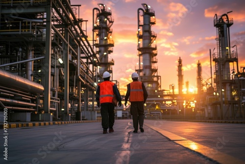 Back view of two engineers walking in a oil refinery © Geber86