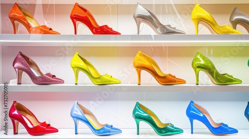 Elegant Array of Colorful High Heels on White Shelves