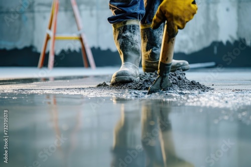 Young construction worker using screed concrete photo