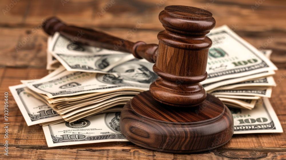 Wooden Judge's Gavel on Stack of Dollar Bills Wooden Judge's Gavel on Stack of Dollar Bills