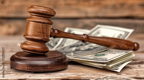 Wooden Judge's Gavel on Stack of Dollar Bills