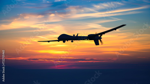 Silhouette of a Military Drone Flying at Sunset