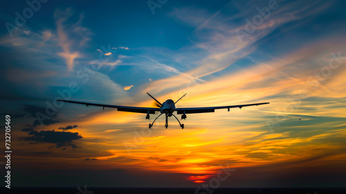 Silhouette of a Military Drone Flying at Sunset © romanets_v