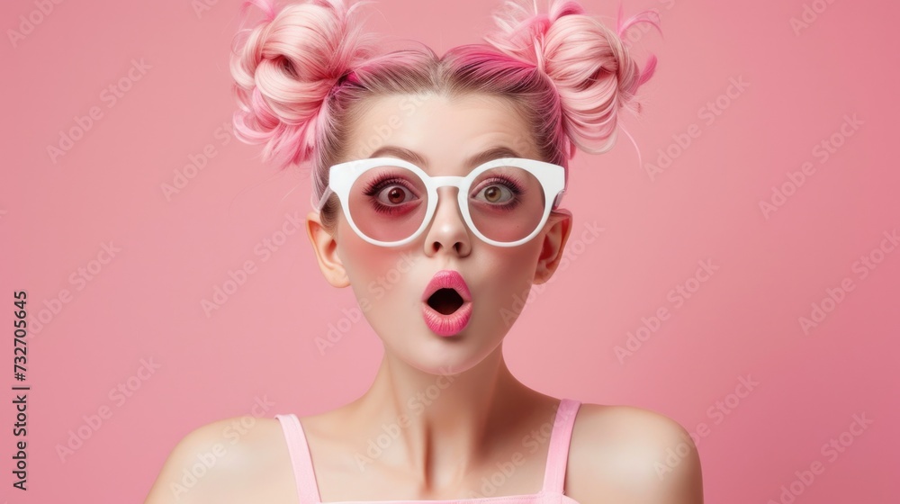 Surprised Young Woman with Pastel Pink Hair and White Glasses Surprised Young Woman with Pastel Pink Hair and White Glasses
