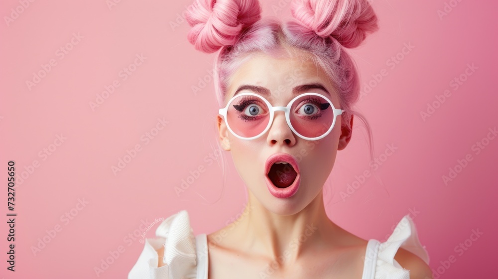 Surprised Young Woman with Pastel Pink Hair and White Glasses
