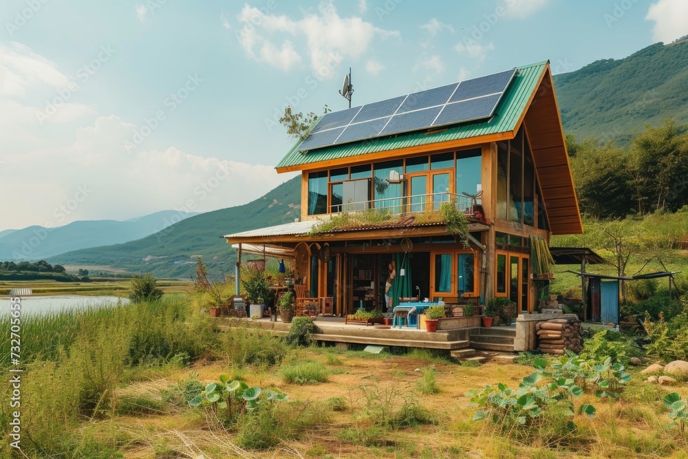 Eco-friendly wooden house with green roof and natural landscaping.