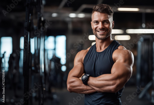 portrait of a personal trainer with crossed arms in the gym. Confident, happy male athlete.