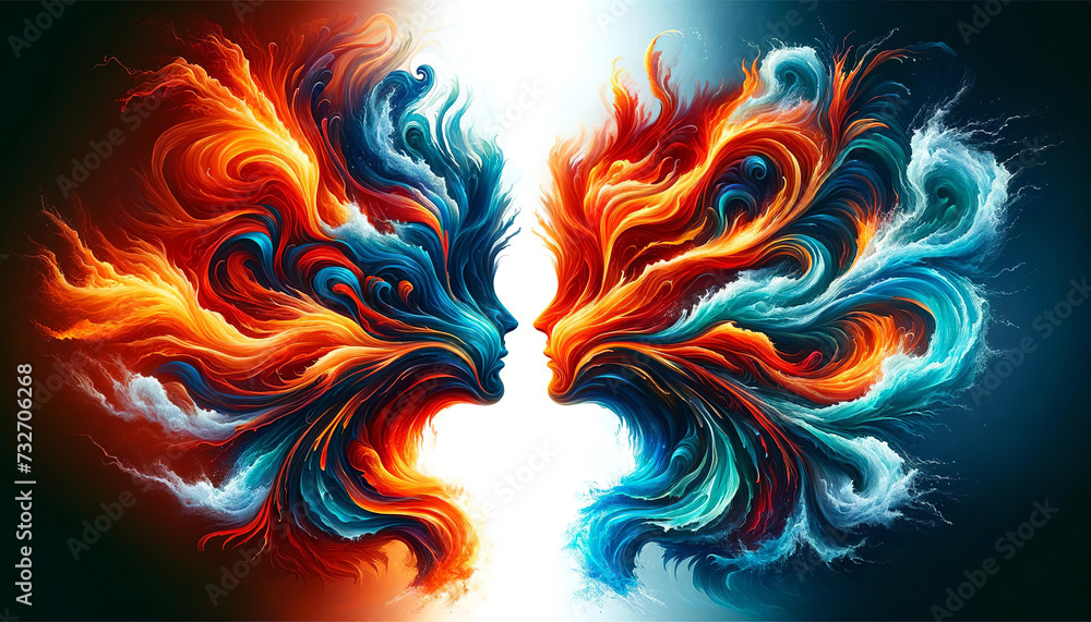 Abstract art of two faces in profile, created by fiery and aquatic paint swirls, representing duality and harmony, set against a dark, contrasting background.AI generated. Abstract art of two faces in profile, created by fiery and aquatic paint swirls, representing duality and harmony, set against a dark, contrasting background.AI generated.
