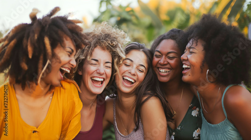 Grupo de mulheres rindo em um encontro de amigas © Dudarte