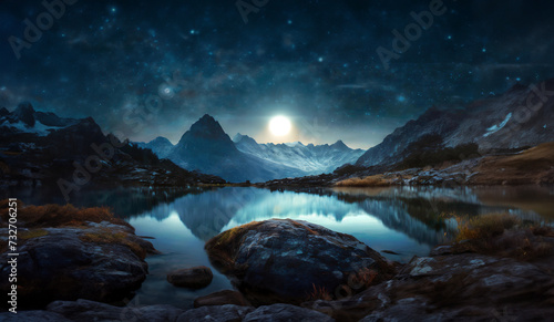 Moonlit mountain nature scene © Fiely