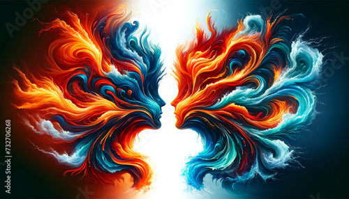 Abstract art of two faces in profile, created by fiery and aquatic paint swirls, representing duality and harmony, set against a dark, contrasting background.AI generated. photo