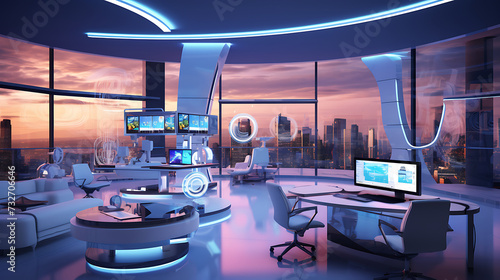 An image of a smart home technology company office with smart devices, interactive displays, and futuristic design.
