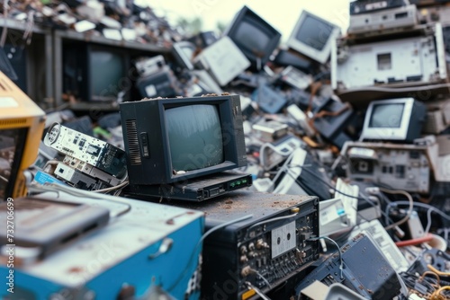 Pile of electronic waste including old monitors and computers, highlighting the need for recycling and proper e-waste disposal.