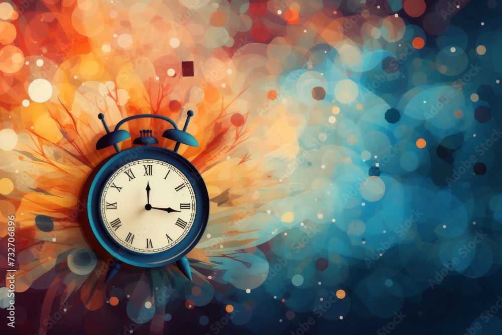 Alarm clock on abstract colorful bokeh background. Time concept. Abstract background for Daylight savings - obrazy, fototapety, plakaty 