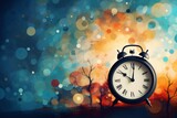 Alarm clock on abstract colorful bokeh background. Time concept. Abstract background for Daylight savings