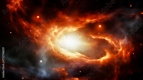 Fiery explosion in space, computer generated abstract background. Red and orange nebula with stars and galaxies. Generative AI technology. © Grycaj