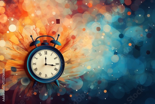 Alarm clock on abstract colorful bokeh background. Time concept. Abstract background for Daylight savings #732706896