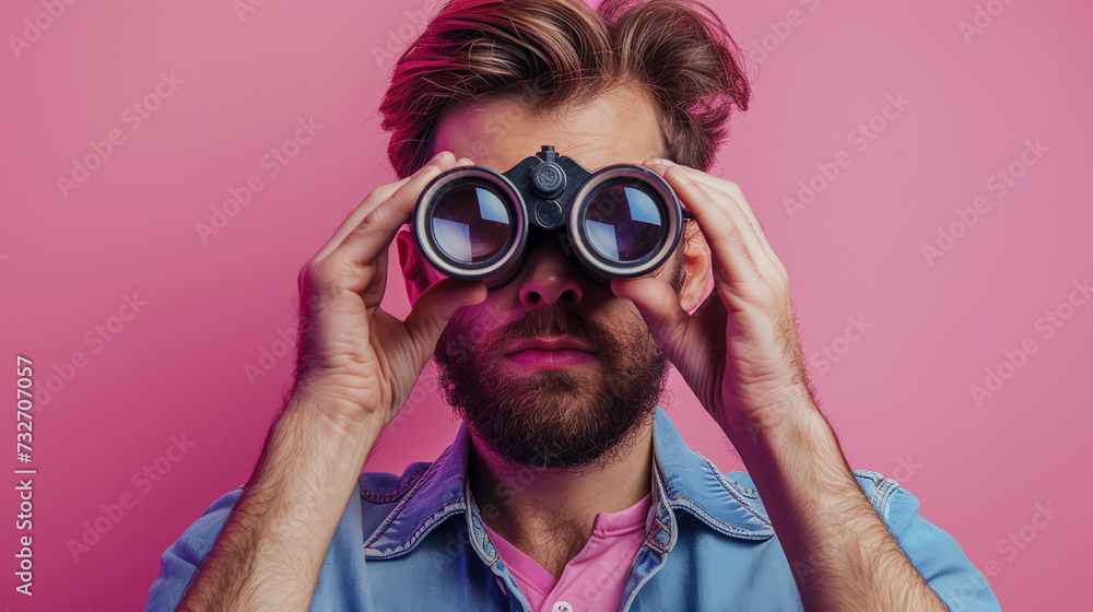 Man looking through binoculars on soft pink background. Find and search concept Man looking through binoculars on soft pink background. Find and search concept